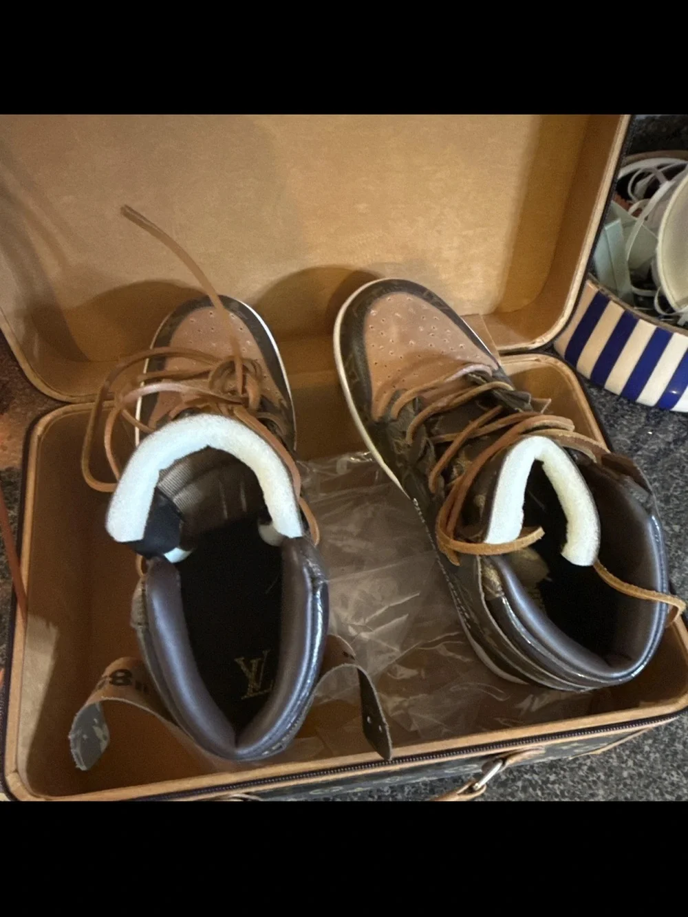 Off-Louis LV Air Jordan 1 High Top Sneakers Brown/Tan Monogram Lace-Up